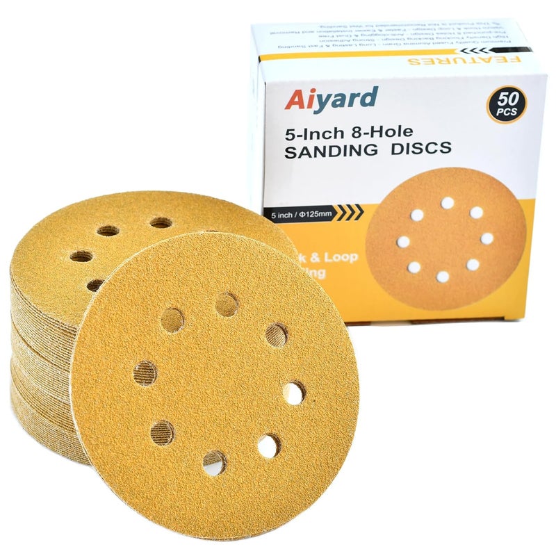 Aiyard 5-Inch 8-Hole Hook and Loop Sanding Discs 60-Grit Random Orbit Sandpaper, 50-Pack - Image 1